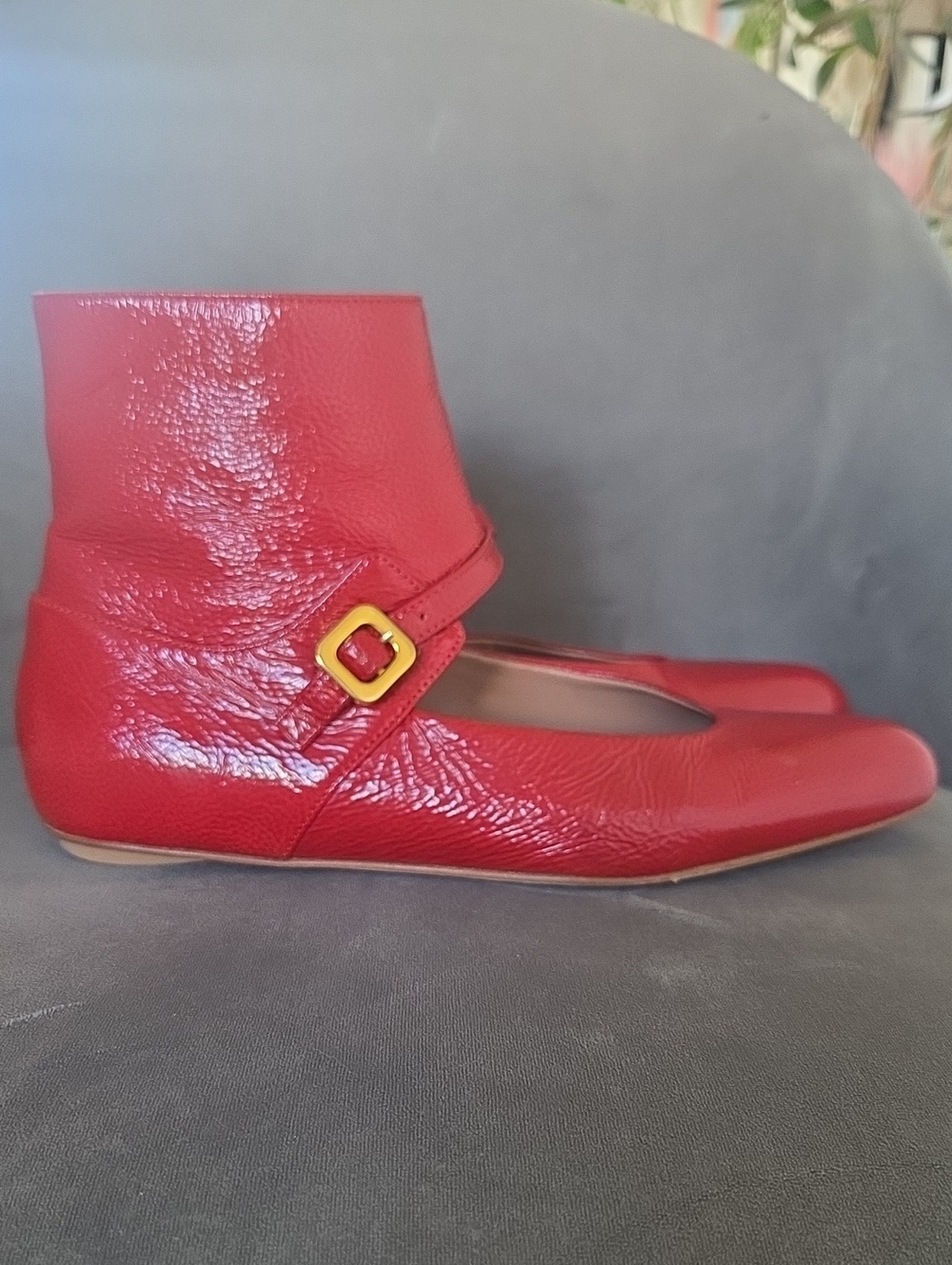 Marn Rare Red Patent Leather Ankle-Strap Flats with Buckle